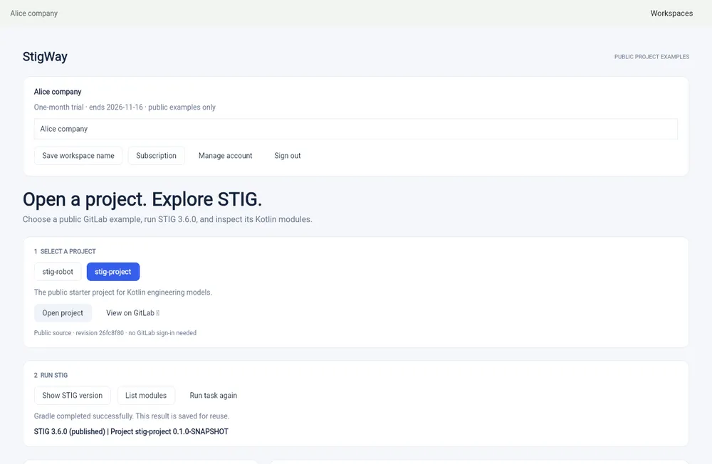 STIGway public project demo showing STIG modules and task output
